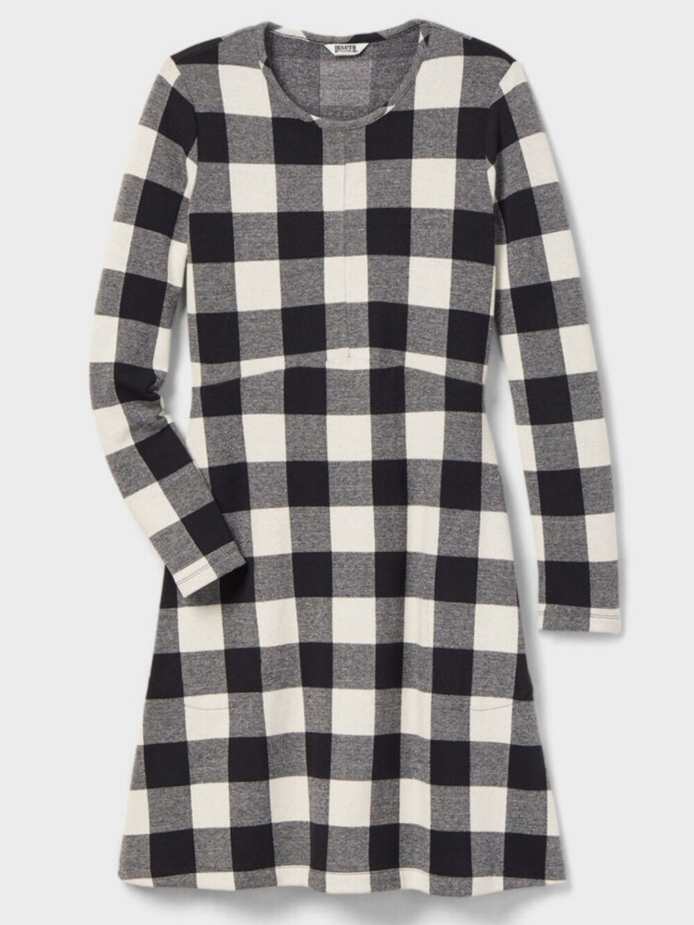 Duluth Trading Co. Black & White Buffalo Plaid Long Sleeve A-Line Midi Dress